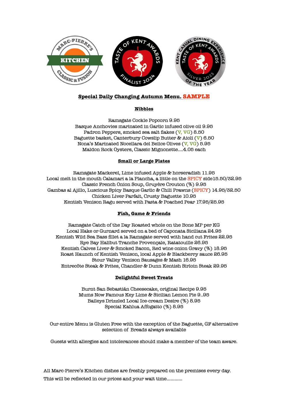 Marc Pierre's Kitchen Autumn Sample Menu 2025 PDF download