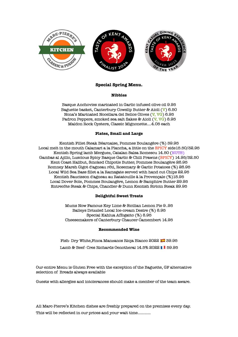 Marc Pierre's Kitchen Spring Menu 2026 PDF download