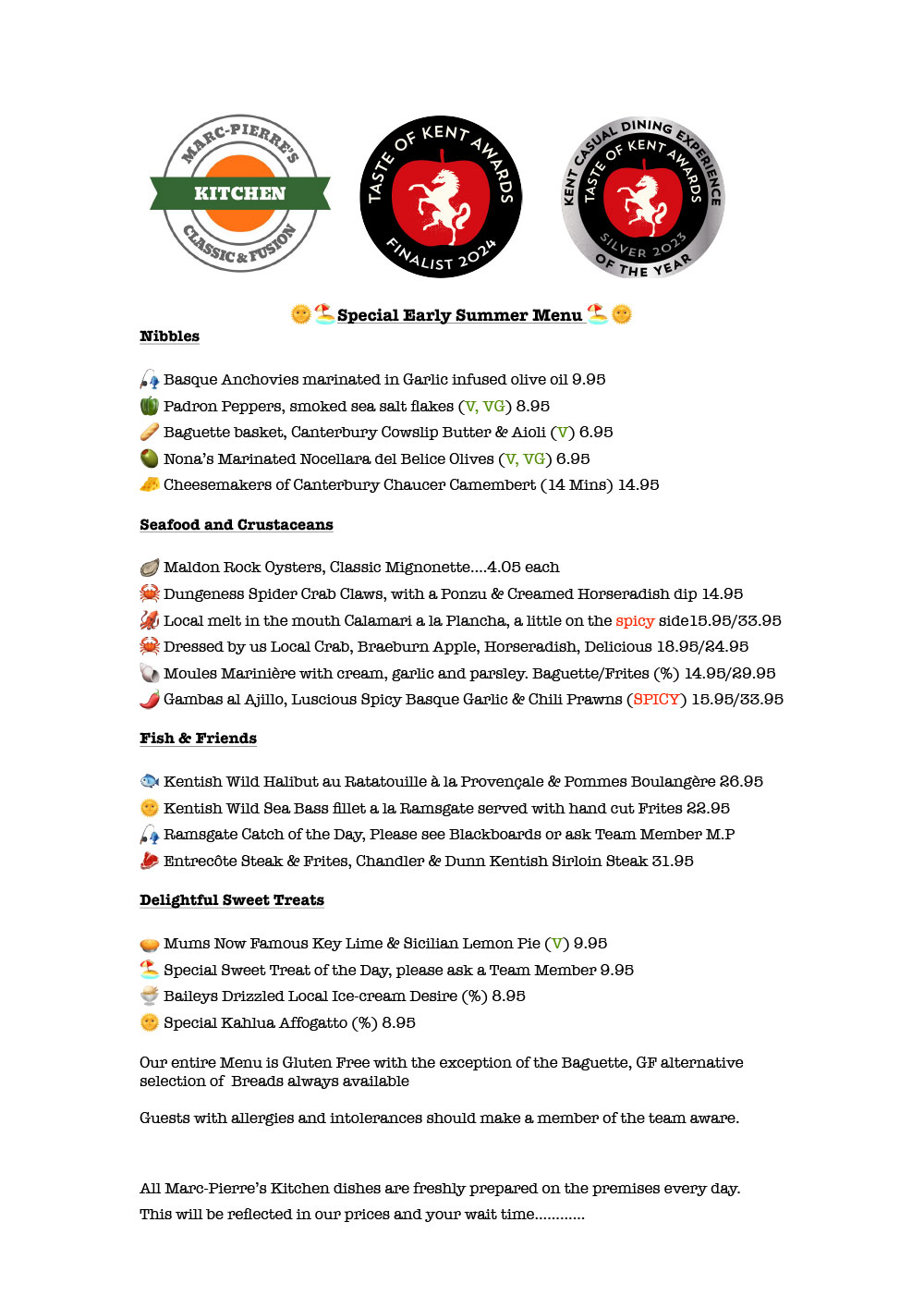 Marc Pierre's Kitchen Early Summer Menu 2026 PDF download