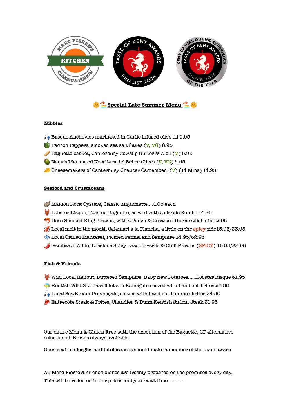 Marc Pierre's Kitchen Summer Menu 2026 PDF download