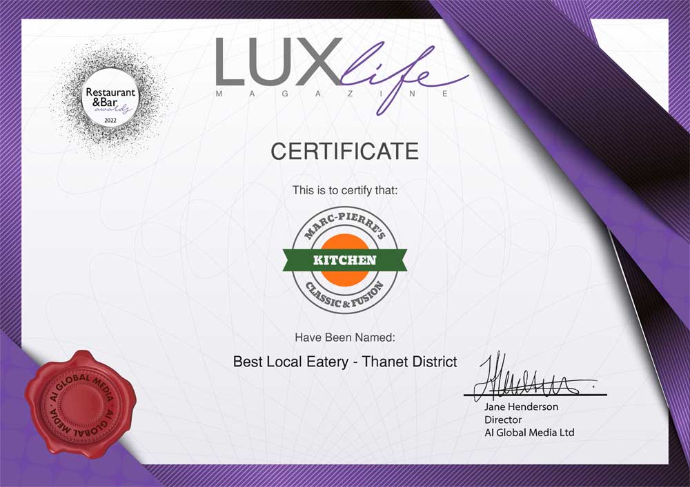 Image of Marc-Pierre's Kitchen's 2022 LUX Life Restaurant and Bar Certificate
