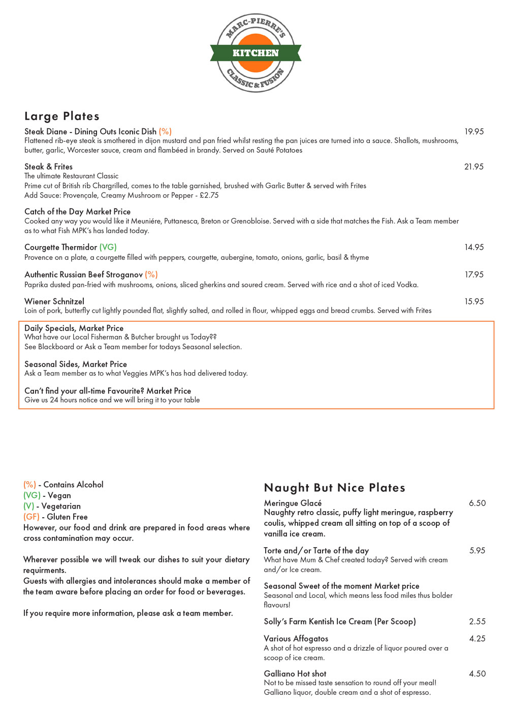 Menus Marc Pierre's Kitchen