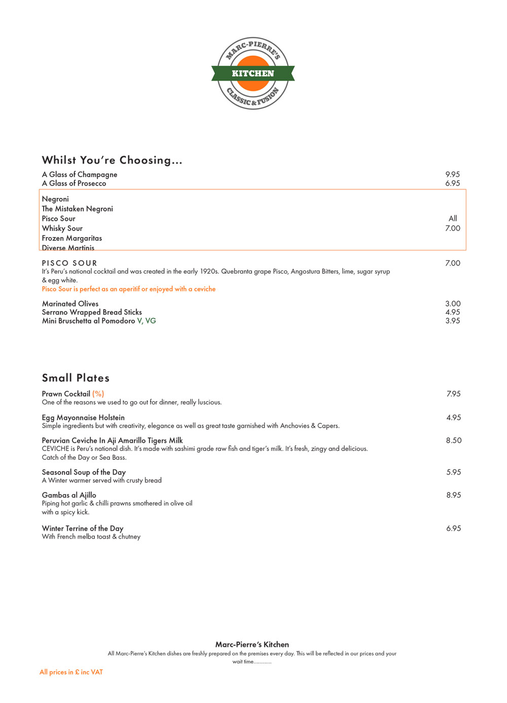 Menus Marc Pierre's Kitchen