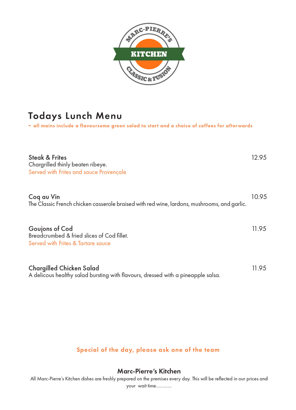 Menus Marc Pierre's Kitchen