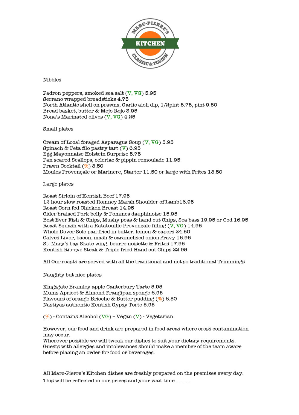 Menus Marc Pierre's Kitchen