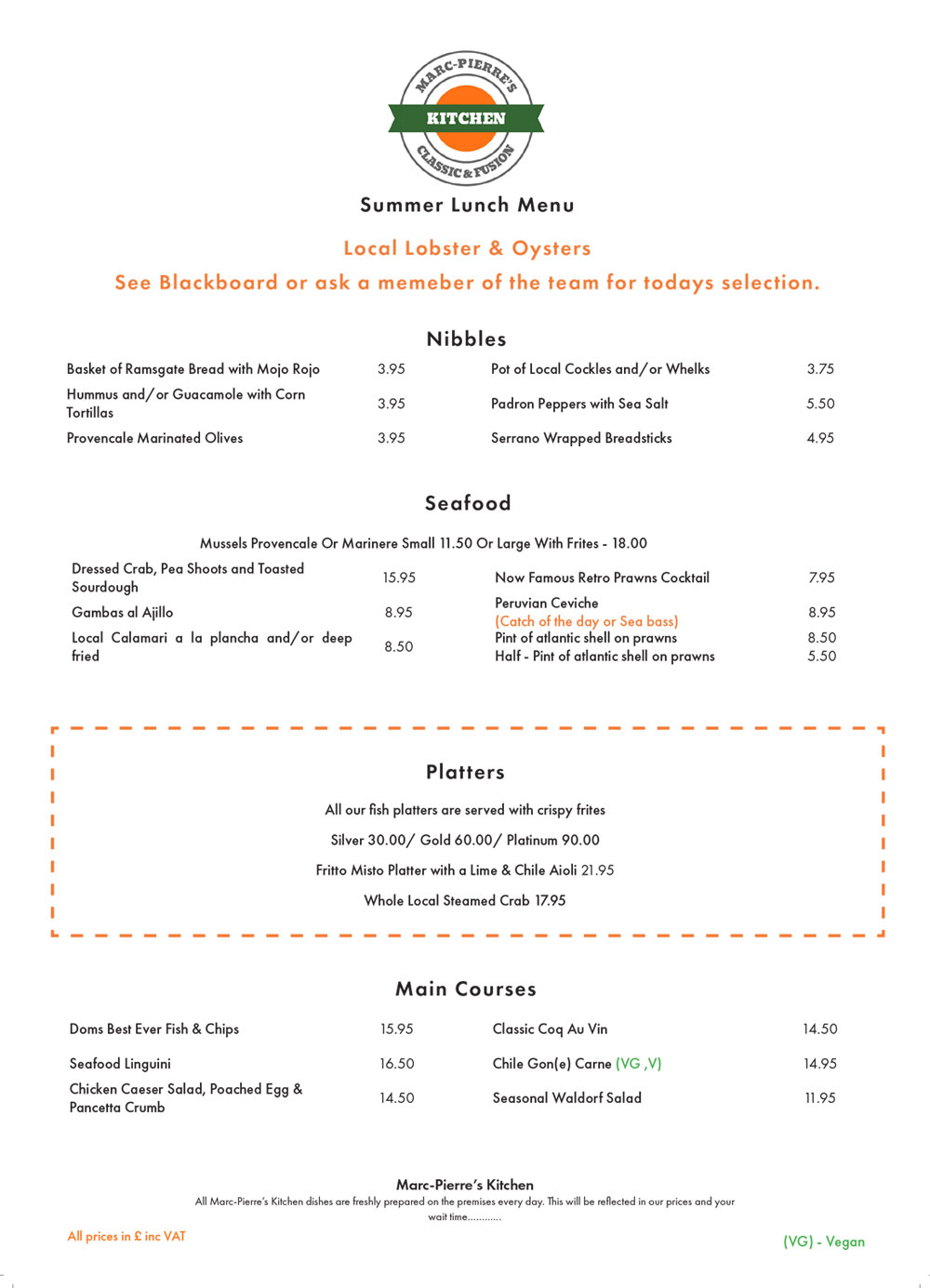 Menus Marc Pierre's Kitchen